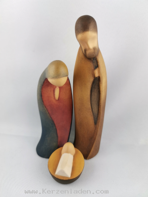 Hl. Familie modern coloriert 3tlg. von der südtiroler Holzschnitzerei Dolfi geschnitzt, von Hand bearbeitet und bemalt