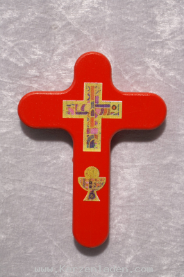 Kommunionkreuz aus Holz/ Multiplexplatte/ rot lackiert/ bunt berduckt