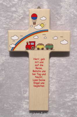 Kinderkreuz Ahornholz bunt bedruckt Spruch: Herr, geh mit uns auf die Reise, Behüte uns bei Tag und Nacht, Lass Deine Engel uns begleiten