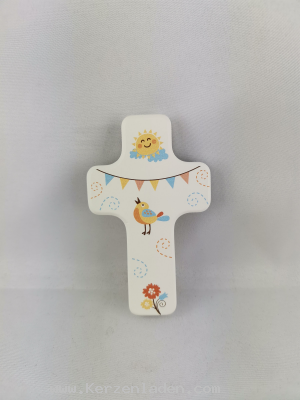 Kinderkreuz weiss lackiert bunt bedruckt Sonne, Vogel und Blume