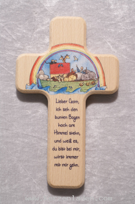 Kinderkreuz aus Holz Buche bunt bedruckt Spruch: Lieber Gott, ich seh den bunten Bogen hoch am Himmel stehen, und weiß es, du bist bei mir, wirst immer mit mir gehn.
