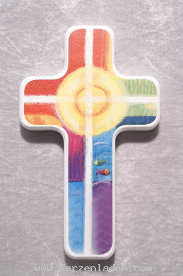 Kinderkreuz weiss lackiert bunt bedruckt Kreuz und Fische
