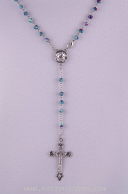 Rosenkranz mit türkis-marmorierten Glasperlen, gekettelt, mit Verschluss und mit Kreuz aus Metall
