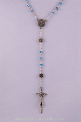 Rosenkranz mit Glasperlen, blau, gekettelt, mit Metallkreuz