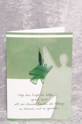 Karte mit grünem Glasengel Text Möge dein Engel dir helfen, -gerade heute- all die kleinen Freuden des Alltags zu erkennen und zu genießen.