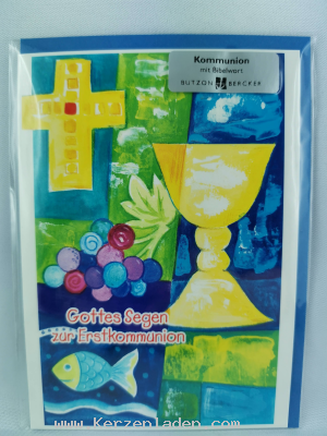 Glckwunschkarte zur Kommunion; mit Bibelwort auf der Rckseite; mit farbigem Kuvert
Text auf dem Produkt: Gesegnet seid ihr vom Herrn, der Himmel und Erde gemacht hat. (Psalm 115,15 / Einheitsbersetzung)