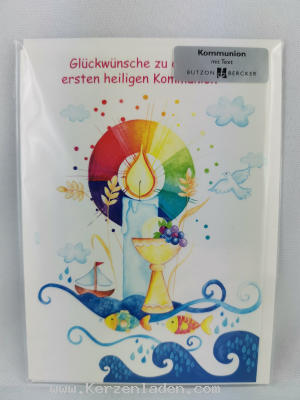 Glckwunschkarte zur Kommunion mit Text auf der Rckseite; mit farbigem Kuvert
Text auf dem Produkt: Der Tag deiner Erstkommunion ist ein Fest des Glaubens, ein Fest der Hoffnung, ein Fest der Liebe. (Irmgard Erath) 