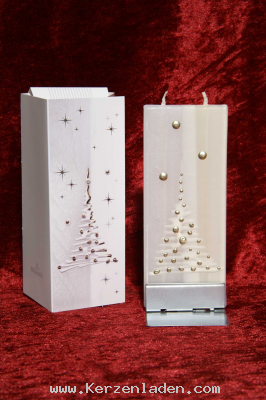 Karten-Kerze/ Kerze zweifarbig edel mit Wachs verziehrt zwei Dochte/ Verpackung mit Glückwunschkarte Kerze und Ständer