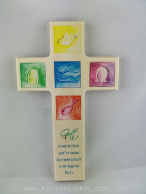 Kinderkreuz holz bunt bedruckt Spruch: Gott nimmt Dich auf in seine Gemeinschaft und segnet Dich