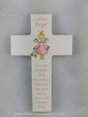 Kinderkreuz weiss lackiert bunt bedruckt Engel rosa 
