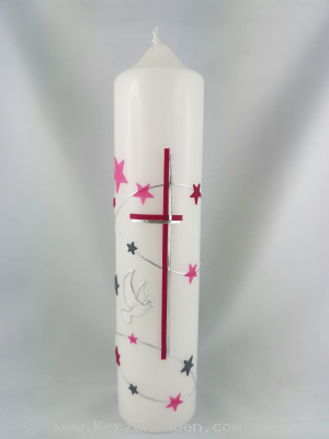 Taufkerze mit Taube, Sternen und Kreuz Motiv von Hand in Wachs gelegt mit Silberstreifen verziert Fuchsia, Pink und Grau