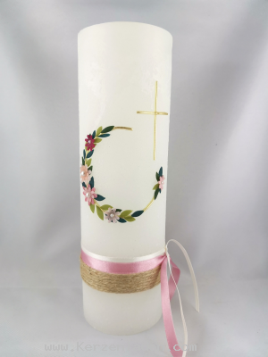 Taufkerze Blumenranke mit Kreuz, incl. 1Name+1Datum , Motiv von Hand gelegt mit Stoffbanderole, auf einem weien, rustikalen, handgegossenen Kerzenrohling der Firma Weizenkorn aus Basel