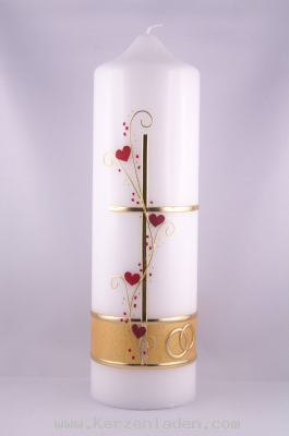 Hochzeitskerze Kreuz mit Herzranke, Banderole goldfarben getupft, Motiv in Wachs gelegt in Gold, Karminrot und Beerentnen 