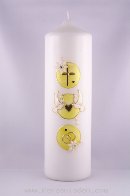 Hochzeitskerze drei Kreise mit Kreuz Taubenmit Herz und Ringe Motiv in Wachs gelegt in Gold und Gelbtne, Blumen aus Papier! vor dem Abbrennen entfernen