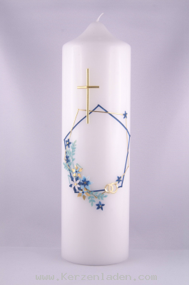 Hochzeitskerze Rahmen mit Blumen Aufwendig von Hand in Wachs gelegt blautöne. Ringe, Rahmen und Kreuz in goldfarbenem Wachs