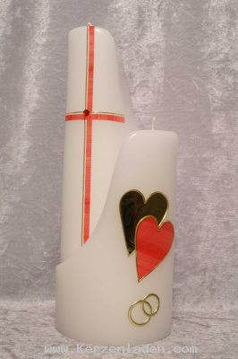 Hochzeitskerze Yin Yang 2 Kerzen Kreuz, Herzen und Ringe aus Wachs mit rotem Strassstein verziert Rot- und Goldtöne