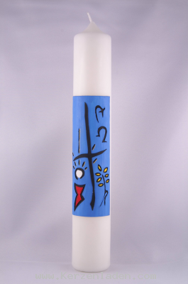 Kommunionkerze/ wei/ Motiv in Wachs gelegt handbemalt/ Blauton