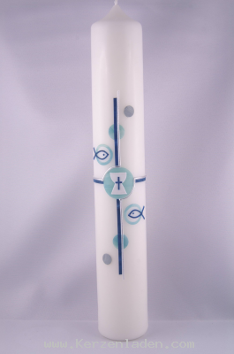 Kommunionkerze weiss Kreuz mit Kelch und Fischen Kreise blautöne Motiv von Hand in Wachs gelegt mit Silberwachsfaden verziert