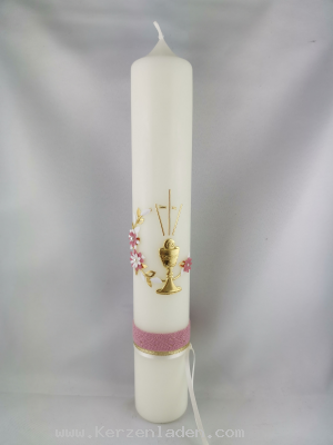 Kommunionkerze Blumenbanderole mit Kelch Motiv von Hand in Wachs gelegt mit Goldwachsfaden verziert und verschiedenen Stoffbanderolen