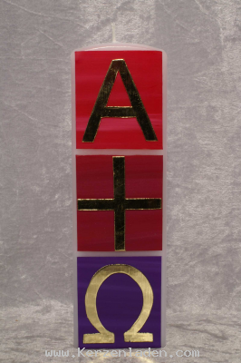 Zierkerze Kreuz mit Alpha und Omega Vierkantkerze mit Wachs verziet