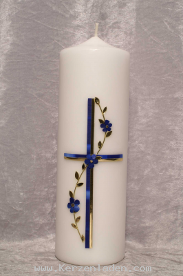 Zierkerze mit Kreuz und Wachstblumenranke in Gold- und Blautne. Ideales Geschenk zum Jubilum oder Geburtstag, die Zahl ist im Preis enthalten, Namen und Datum gegen Aufpreis