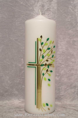 Zierkerze mit Kreuz und Lebensbaum in Gold- und Grntnen. Ideales Geschenk zum Jubilum oder Geburtstag, die Zahl ist im Preis enthalten, Namen und Datum gegen Aufpreis