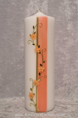 Zierkerze Hintergrund bemalt aprikotöne, Blumenranke in Goldwachsstreifen. Ideales Geschenk zum Jubiläum oder Geburtstag, die Zahl ist im Preis enthalten, Namen und Datum gegen Aufpreis