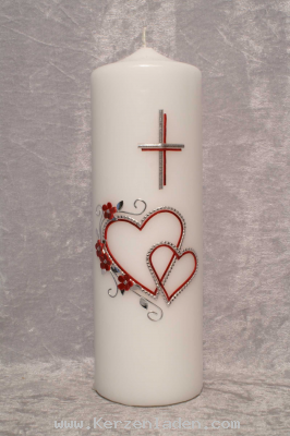 Zierkerze mit Herzen und Kreuz Blumenranke aus Wachs Silber und Rottne. Ideales Geschenk zum Hochzeitsjubilum, die Zahl ist im Preis enthalten, Namen und Datum gegen Aufpreis