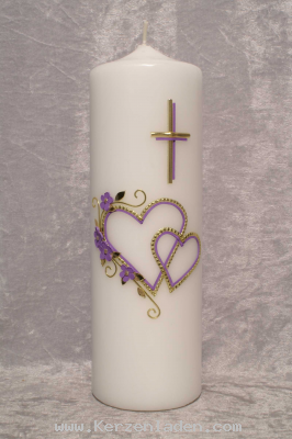 Zierkerze mit Herzen, Kreuz und Blumenranke aus Wachs Gold- und Lilatne. Ideales Geschenk zum Hochzeitsjubilum, die Zahl ist im Preis enthalten, Namen und Datum gegen Aufpreis