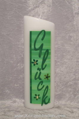 Zierkerze Glck, mit Wachs (hell-/dunkelgrn) verziert, Glitterblumen mit Strassstein, oval mittel
