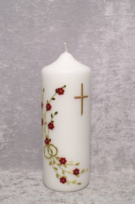 Zierkerze mit Blumenranke und Kreuz aus Wachs Gold und Rottne. Ideales Geschenk zum Hochzeitsjubilum die Zahl ist im Preis enthalten, Namen und Datum gegen Aufpreis