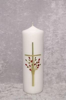 Zierkerze mit Kreuz und Baum aus Wachs Gold und Rottne. Ideales Geschenk zum Jubilum oder Geburtstag, die Zahl ist im Preis enthalten, falls Ringe gewnscht werden diese auf dem unteren Teil des Kreuzes angebracht. Namen und Datum gegen Aufpreis