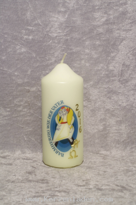 Kerze zum Heiligen Jahr der Barmherzigkeit Motiv Foliendruck mit Wachsauflage von Hand gelegt elfenbeinfarben