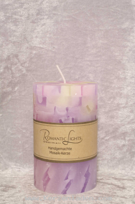Mosaik Kerze der Firma Romantic Ligths Obermair lila-grün-rosa-weiß klein