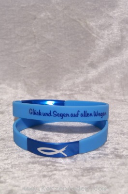 d-blau Armband aus Silikon, Stabiler und hautfreundlicher Begleiter mit einer Botschaft o. Wunsch für den Beschenkten. Mit einer farbigen Klammer aus Aluminium mit einem Fischsymbol per Lasergravur versehen. Glück und Segen auf allen Wegen