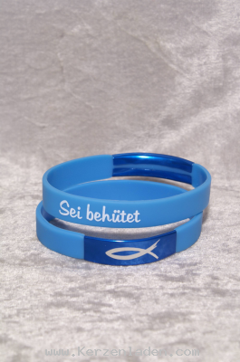 blau Armband aus Silikon, Stabiler und hautfreundlicher Begleiter mit einer Botschaft o. Wunsch für den Beschenkten. Mit einer farbigen Klammer aus Aluminium mit einem Fischsymbol per Lasergravur versehen. Sei behütet