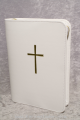 weiße Kunstleder Nappa Soft Gotteslobhülle mit Goldprägung Kreuz und Metall-Reißverschluss