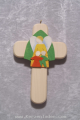 Hängekreuz Holz Ahorn verziert mit Laubsägearbeiten bunt bemalt