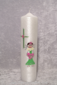 Taufkerze permutfarben geriffelt Mädchen Motiv von Hand in Wachs gelegt Grün- Rosatöne mit Silberfaden verziert