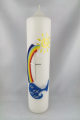 Taufkerze Sonne Regenbogen Wasser Fische Papierboot. Motiv aufwendig von Hand in Wachs gelegt.
