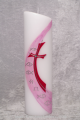 Taufkerze Hintergrund handbemalt Rosatöne  mit Wachs verziert Strassstein in der Mitte des Kreuzes Silberwachsfaden
