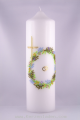 Hochzeitskerze Blumenkranz von Hand in Wachs gelegt mit Kreuz und Ringen aus goldfarbenem Wachs