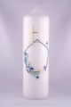 Hochzeitskerze Rahmen mit Blumen Aufwendig von Hand in Wachs gelegt blautne. Ringe, Rahmen und Kreuz in goldfarbenem Wachs