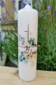 Hochzeitskerze zum 25 Ehejubiläum Blumen farben Transferdruck, mit silberfarbenen Wachsstreifen verziert, handarbeit
