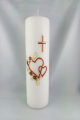 Hochzeitskerze Herze mit Blumen Aufwendig von Hand in Wachs gelegt Rottöne. Ringe, Rahmen und Kreuz in goldfarbenem Wachs.
