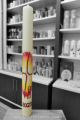 Osterkerze Sonnenaufgang mit Kreuz, Alpha und Omega, Jahreszahl, von Hand bemalt und mit Wachs verziert.Kerze gezogen mit 10% Bienenwachs ANFERTIGUNG AUF ANFRAGE Ngel extra erhltlich gegen Aufpreis
