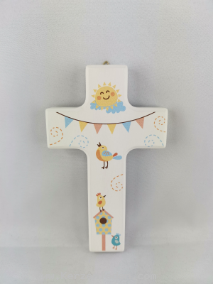 Kinderkreuz weiss lackiert bunt bedruckt Sonne und Vögel