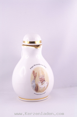 Weihwasserkrug weiss/ Goldrand/ Aufdruck Bild Papst Benedicus XVI Joseph Ratzinger