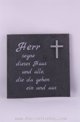 Haussegen Schieferplatte mit silberfarbenem Kreuz zum Hängen Text: Herr segne dieses Haus und alle, die da gehen ein und aus.