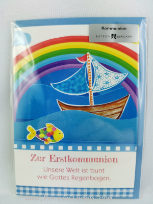 Glückwunschkarte zur Kommunion mit Text; mit farbigem Kuvert
Text auf dem Produkt: Unsere Welt ist bunt wie Gottes Regenbogen. (Heidi Rose)